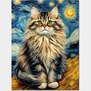 Adorable Siberian Cat Breed Painting in a Van Gogh Starry Night Art Style Posters and Art